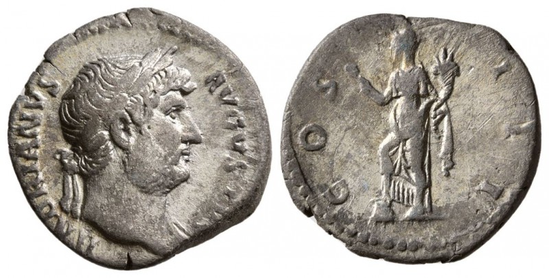 Hadrian, AD 117-138. AR Denarius, (2.85 g, 17.80 mm)
 HADRIANVS AVGVSTVS - Laur...