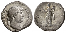 Hadrian, AD 117-138. AR Denarius, (2.85 g, 17.80 mm)
 HADRIANVS AVGVSTVS - Laureate head right, drapery on left shoulder/
 COS III - Abundantia stan...