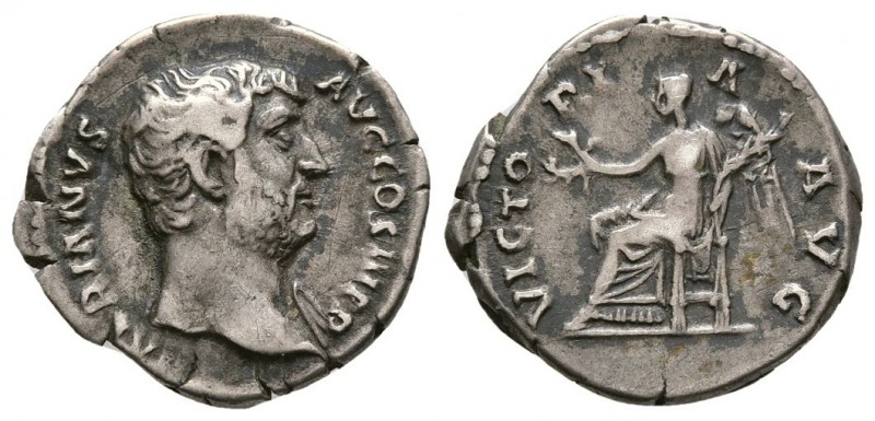 Hadrian, AD 117-138. AR Denarius, (3.30 g, 17.20 mm)
 Bareheaded bust right, sl...