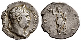 Hadrian, AD.117-138. AR Denarius, (3 g, 18.54 mm)
 Rome.
 HADRIANVS AVGVSTVS. Laureate bust right, with slight drapery.
 COS III. Roma or Virtus st...
