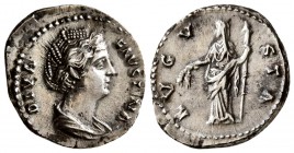 Diva Faustina I. Died AD 140/1. AR Denarius (3.40 g, 18.50 mm)
 DIVA FAVSTINA, draped bust right, hair coiled on top of head / 
 AVGVSTA, Ceres stan...