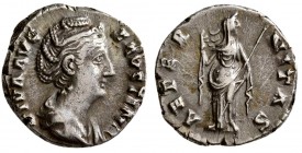 Diva Faustina I. Died AD. 140/1. AR Denarius (3.20 g, 17.05 mm)
 Draped bust right / 
 Aeternitas standing left, raising right hand, holding sceptre...