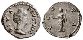 Diva Faustina I. Died AD. 140/1. AR Denarius (3.40 g, 18 mm)
 Rome mint. Struck under Antoninus Pius, circa AD 146-161. 
 Draped bust right / 
 Ves...
