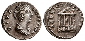 Diva Faustina I. Died AD. 140/1. AR Denarius (3 g, 17.24 mm)
 Rome mint. Struck under Antoninus Pius, circa AD 150.
 DIVA FAVSTINA, diademed & drape...