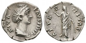 Diva Faustina I. Died AD. 140/1. AR Denarius (2.70 g, 18.28 mm)
 Rome mint. Struck under Antoninus Pius, after AD. 141
 DIVA FAVSTINA, draped bust r...
