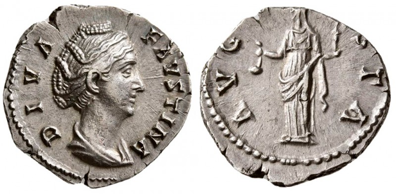 Diva Faustina I. Died AD. 140/1. AR Denarius (3 g, 18.73 mm)
 Rome mint. Struck...
