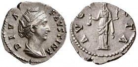Diva Faustina I. Died AD. 140/1. AR Denarius (3 g, 18.73 mm)
 Rome mint. Struck under Antoninus Pius, after AD. 141.
 DIVA – FAVSTINA Draped bust r....