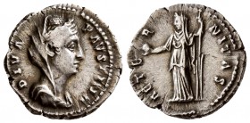 Diva Faustina I. Died AD. 140/1. AR Denarius (3.20 g, 18.52 mm)
 Rome mint. Struck under Antoninus Pius, after AD. 141.
 DIVA FAVSTINA, veiled and d...