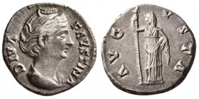 Diva Faustina I. Died AD 140/1. (3.20 g, 17.52 mm)
 Rome mint. Struck under Antoninus Pius, circa AD 146-161. 
 Draped bust right, wearing pearls bo...