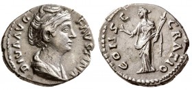 Diva Faustina I. Died AD. 140/1. AR Denarius (3 g, 18.30 mm)
 Rome mint. Struck under Antoninus Pius, after AD. 141.
 DIVA AVG FAVSTINA, draped bust...