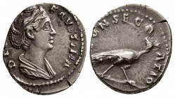 Diva Faustina I. Died AD. 140/1. AR Denarius (3.20 g, 18.14 mm)
 Rome mint. Struck under Antoninus Pius, after AD. 141.
 commemorative. Draped bust ...