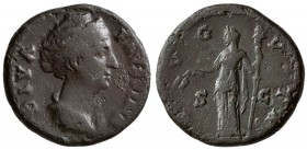 Diva Faustina I. after AD 141. Æ Dupondius (11.70 g, 25.47 mm)
 Rome.
 DIVA FAVSTINA, draped bust right / 
 AVGVSTA, Ceres standing left holding co...
