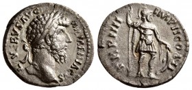 LUCIUS VERUS, AD. 161-169. AR Denarius. (2.8 g, 18 mm)
 Rome.
 L VERVS AVG ARMENIACVS. Laureate head right./
 TR P IIII IMP II COS II. Mars standin...