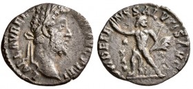 Commodus, AD. 191-192. AR Denarius. (2.10 g, 17.53 mm)
 Rome. 
 Laureate head right / 
 Jupiter standing right, holding spear in left hand and hurl...