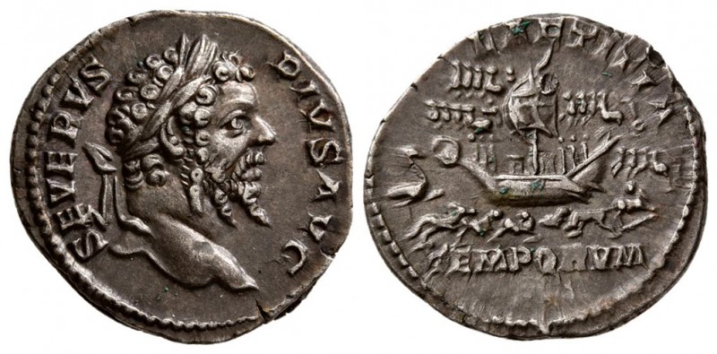 Septimius Severus. AD 206. AR Denarius. (3.40 g, 18.69 mm)
Laureate head right ...