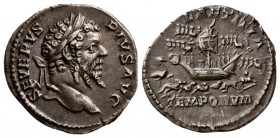 Septimius Severus. AD 206. AR Denarius. (3.40 g, 18.69 mm)
Laureate head right /
LAETITIA TEMPORVM, ship with mast and sail in center of circus; abo...