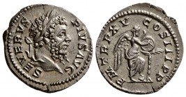 Septimius Severus. AD. 193-211. AR Denarius. (3.10 g, 18.98mm)
 Rome. 
 SEVERVS PIVS AVG. Laureate head right./
 P M TR P XV COS III P P. Victory s...