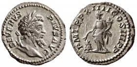 Septimius Severus. AD 193-211. AR Denarius (3 g, 18.40 mm)
 Rome mint. Struck AD 206. 
 Laureate head right / 
 Annona standing facing, head left, ...