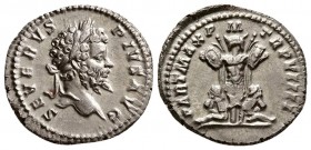Septimius Severus. AD 202-210. AR Denarius. (3.40 g, 18.06 mm)
 Rome, AD 201. 
 SEVERVS PIVS AVG, laureate head right / 
 PART MAX P M TR P VIIII, ...