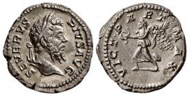 Septimius Severus. AD 202-210. AR Denarius. (3.60 g, 19.07mm)
 Rome. 
 SEVERVS PIVS AVG, laureate head right / 
 VICT PART MAX, Victory advancing l...