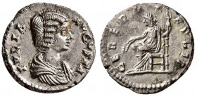 Julia Domna.AD 196-211. AR Denarius.( 2.95 g, 17.62 mm)
 Rome.
 IVLIA AVGVSTA, draped bust right / CERERI FRVGIF, Ceres seated left, holding grain e...