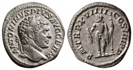 Caracalla, AD. 198 – 217. AR Denarius (2.96 g, 18.94 mm)
 ANTONINVS PIVS AVG GERM Laureate head r./
 P M TR P XVIIII COS IIII P P Jupiter, standing ...