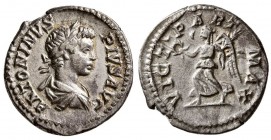Caracalla. AD. 201-206. AR Denarius. (3.40 g, 18.96 mm)
 Rome.
 ANTONINVS PIVS AVG, laureate and draped bust right / 
 VICT PART MAX, Victory advan...