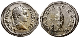 Caracalla. AD 198-217. AR Denarius (3.5 g, 18.22 mm)
 ANTONINVS PIVS AVG, laureate and draped bust right / 
 VOTA SVS-CEPTA X, Caracalla standing le...
