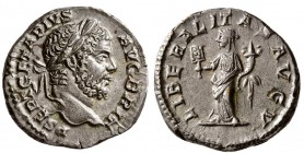 Geta. AD 209-211. AR Denarius.(3.35g 17.50 mm)
 Rome mint. Struck AD 211. 
 Laureate head right /
 Liberalitas standing left, holding abacus and co...
