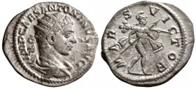 Elagabalus. AD 218-222. AR Antonianus. (4.80g 21.50 mm)
 Rome, AD 219. 
 Laureate and draped bust r. / 
 Mars advancing r., holding spear and troph...