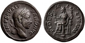 Severus Alexandr. AD 222-235. AR Denarius. (2.70 g, 18.59 mm)
 Rome, AD 231. 
 Laureate bust r., slight drapery. R/ 
 Fides seated l., holding sign...