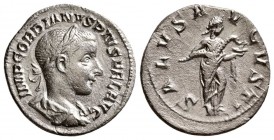 Gordian III. AD 238-244. AR Denarius (2.30 g, 18.59 mm)
 Rome AD 240. 
 Laureate, draped and cuirassed bust r. / 
 Salus standing r., feeding serpe...
