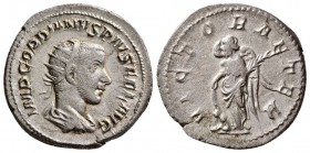 Gordian III. AD 238-244. AR Antoninianus, (3.80 g, 22.50 mm)
 Radiate, draped and cuirassed bust r. / 
 Victory standing facing, head l., holding sh...