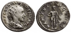 Gordian III. AD 238-244. AR Antoninianus, (4 g, 20.58 mm)
 IMP GORDIANVS PIVS FEL AVG, radiate, draped and cuirassed bust right / 
 VIRTVTI AVGVSTI,...