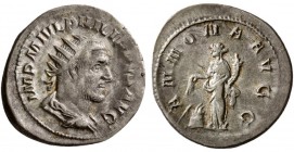Philip I. AD 244-249. AR Antonianus.(4.10 g, 22.35 mm)
 IMP M IVL PHILIPPVS AVG, radiate, draped & cuirassed bust right / 
 ANNONA AVGG. Annona stan...
