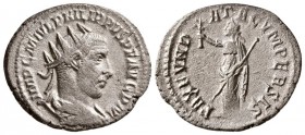 Philip I. AD 244-249. AR Antonianus.(4.10 g, 21 mm)
 IMP C M IVL PHILIPPVS P F AVG P M, radiate, draped and cuirassed / 
 PAX FVN DATA CVM PERSIS, P...