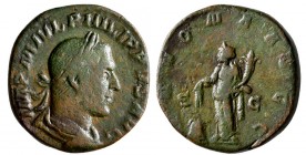 Philip I. AD 247-248. AE Sestertius.(14.30 g, 27.30 mm)
 ROME,FINEST STYLE PORTR.
 IMP M IVL PHILIPPVS AVG, laureate, draped & cuirassed bust right ...