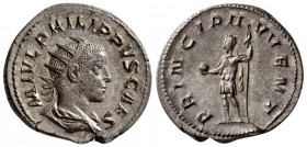 Philip II. AD 244-249. AR Antonianus.(4.55 g, 22.50 mm)
 M IVL PHILIPPVS CAES, radiate, draped and cuirassed bust right / 
 PRINCIPI IVVENT, Prince ...