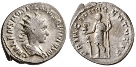 Hostilian Caesar. AD 250-251. AR Antoninianus.(3.5 g, 19.95 mm)
 Rome.
 C VALENS HOSTIL MES QVINTVS N C. Radiate, draped and cuirassed bust right.
...