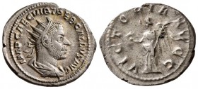 Trebonianus Gallus. AD 251-253. AR Antoninianus.(4.10g, 20.67 mm)
 IMP CAE C VIB TREB GALLVS AVG, radiate & draped bust right
 VICTORIA AVGG, Victor...