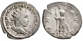 Volusian. AD 251-253. AR Antoninianus.(2.20 g, 20.50 mm)
 IMP C C VIB VOLVSIANVS AVG, radiate, draped and cuirassed bust right./
 VIRTVS AVGG, Virtu...