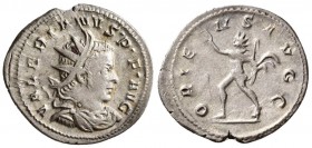 Valerian I. AD 254. Lugdunum Antonianus. (3.6 g, 22.35 mm)
 VALERIANVS P F AVG, radiate and draped bust right / 
 ORIENS AVGG, Sol standing left, ho...