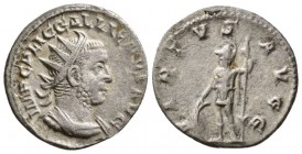 Gallienus. AD 253-268. AR Antoninianus.(3.0 g, 21.34 mm)
Rome.
IMP CP LIC GALLIENVS AVG, radiate, draped bust right.
VIRTVS AVGG, Soldier standing ...