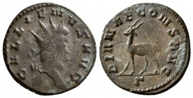 Gallienus. AD 253-268. AE Antoninianus.(3.30 g, 20.57 mm)
Rome. sole reign.
GALLIENVS AVG, radiate head right.
DIANAE CONS AVG, Antelope walking le...