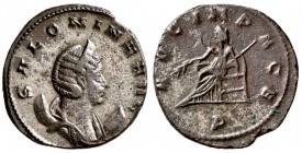 Salonina. AD 254-268. AE Antoninianus.(4.10 g, 21.43 mm)
Draped bust right, wearing stephane, set on crescent /
AVG IN PACE, Salonina seated left, h...