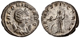 Salonina. AD 254-268. AE Antoninianus.(3 g, 18.75 mm)
Sole reign.
SALONINA AVG, Diademed draped bust right on crescent./
VENVS VICTRIX, Venus stand...
