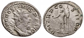 Postumus. AD 259-268. AR Antoninianus.(3.60 g, 20 mm)
 IMP C POSTVMVS P F AVG, radiate, draped and cuirassed bust right / 
 P M TR P CO-S III P P, P...