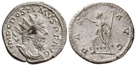 Postumus. AD 260-268. AR Antoninianus.( 4 g, 20.98 mm)
 Lyons mint.
 IMP C POSTVMVS P F AVG, radiate, draped and cuirassed bust right./
 PAX AVG, P...