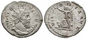 Postumus. AD 260-268. AR Antoninianus.( 3.40 g, 21.21 mm)
 IMP C POSTVMVS PF AVG, radiate, draped and cuirassed bust right./
 VICTORIA AVG, Victory ...