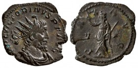 Victorinus. AD 268-270. AE Antoninianus.( 2.80 g, 19.38 mm)
 IMP C VICTORINVS P F AVG Bust radiate, draped, cuirassed r., seen from front./
 PAX AVG...